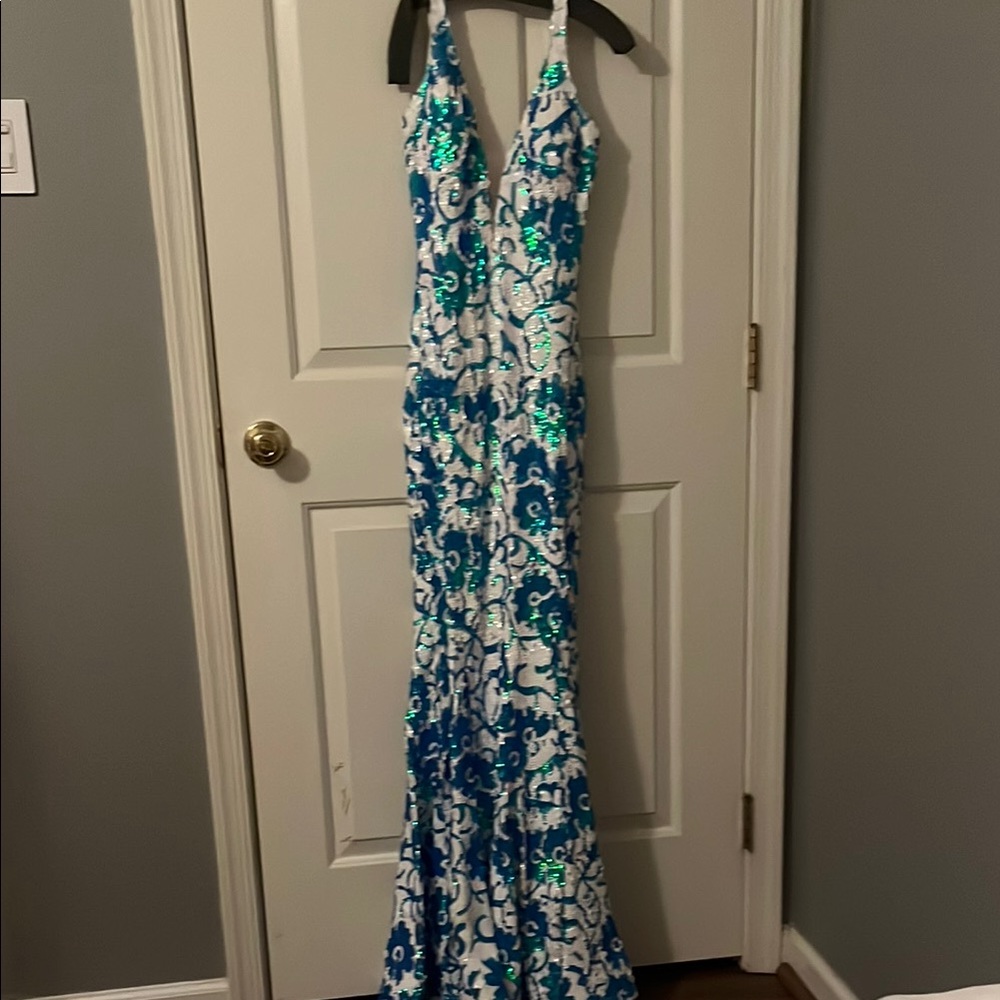 JVN by Jovani Blue and White Prom Dress
